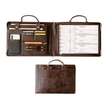 Imagem de Fichário de 7 anéis de couro bovino para verificações de tamanho comercial de 3 anéis, fichário com alça, suporte de cheque com zíper com capacidade de verificação de 600, fichário de verificação de