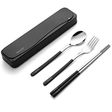 Imagem de DEVICO Utensílios de viagem, conjunto de talheres de aço inoxidável 18/8, 4 peças, portátil, para acampamento, reutilizável, talheres, inclui pauzinhos de garfo e colher com estojo (preto)