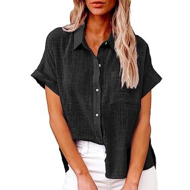 Imagem de Camiseta feminina de verão, de linho, manga curta, cor sólida, caimento solto, gola V, botão, túnica, Preto, 3G