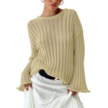Imagem de Saodimallsu Blusa feminina de crochê, manga comprida, vazada, saída de praia, blusa, túnica leve de verão, Caqui, GG