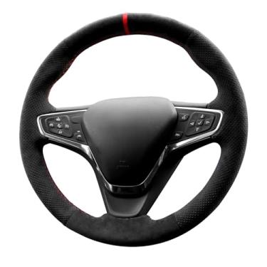 Imagem de Alfanxi Costura à mão Itália Alcantara Capa de volante para carro para Chevrolet Bolt EV/Equinox/Malibu/Volt (Alcantara preto com pontos + listras vermelhas)