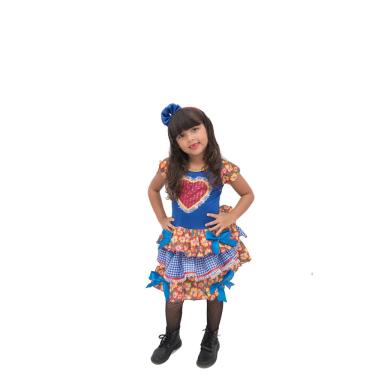 Imagem de Vestido Festa Junina Infantil Azul Flor Caipira + Tiara