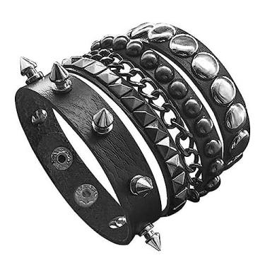 Imagem de TURTLEDOVE Pulseira de couro punk - pulseira de couro gótico com cravejado de metal - acessórios punk rock anos 80 para homens e mulheres, 6.8 inch, Couro, Sem Pedra Preciosa