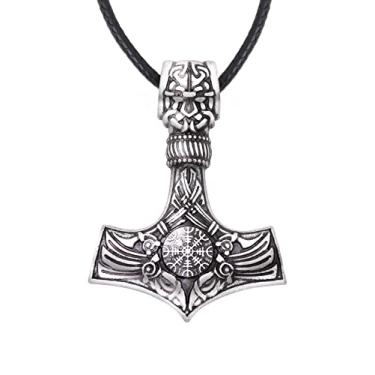 Imagem de HAQUIL Mjolnir Necklace, Pingente de martelo viking Thor Helm of Awe, cordão de couro falso, joias vikings para homens