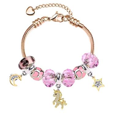 Imagem de White Birch Pulseira com pingente Pandora Happy Unicorn Heart Best Birthday DIY Jewelry, 8 3 inch, Vidro, Safira rosa sintética de 10 de outubro