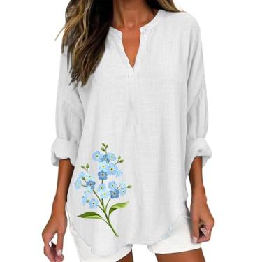 Imagem de Camiseta feminina de linho, estampa floral, manga comprida, gola V, casual, grande, elegante, elegante, Branco, P