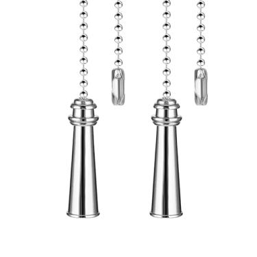 Imagem de Dotlite Conjunto de corrente de metal para ventilador de teto, extensão decorativa de pingente de corrente de puxar, iluminação de 30,5 cm e enfeite extensor de corrente com conector de contas e ventilador, pacote com 2 (prata)