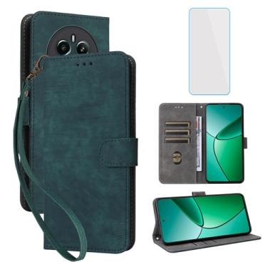 Imagem de IUQXU Capa carteira para celular Realme 12 Plus 5G com protetor de tela [bloqueio RFID] Suporte de cartão flip de couro com alça de pulso feminina e masculina para celular Realme 12+ 12Plus 5G verde