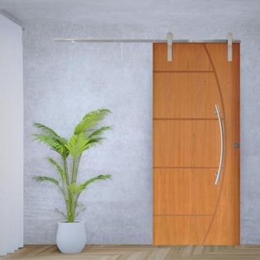 Imagem de Porta de Correr Padrão Imbuia Belissima 6 Trilho Soft Puxador Curvo 600 Mm Cromado 92 X 210 Direito Natural