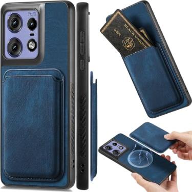 Imagem de Ephoou Capa carteira magnética para Motorola Edge 50 Pro, porta-cartões destacável, couro PU, ajuste fino, à prova de choque, resistente a arranhões para Moto Edge 50 Pro TCK-azul retrô