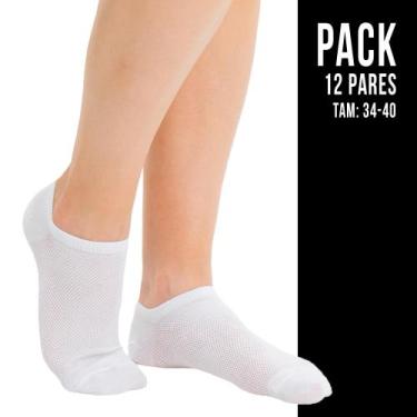Imagem de Kit 12 Pares Meia Algodão Soquete Cano Baixo Feminina Branca Preta 34-