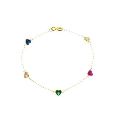 Imagem de Pulseira De Ouro 18k Feminina Coração Colorido Zircônia - DR Joias
