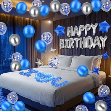 Imagem de Blue Happy Birthday Balloons Banner Navy Blue Silver Birthday Balloons Letters with 6 Pcs Star Balloons Blue Artificial Rose Petals 24 Flameless LED Candles Set for Blue Birthday Party Decorations