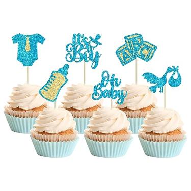 Imagem de Gyufise 24Pcs Baby Shower Oh Baby Cupcake Toppers It's a Boy Cupcake Picks Glitter Tie Onesie Baby Bottle Cake Picks Decorations for Gender Reveal Baby Shower Boys Birthday Party Supplies Blue