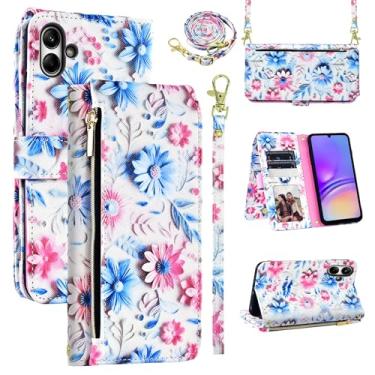 Imagem de Dswteny Capa carteira para Samsung Galaxy A05 com alça de pulso removível, 9+ compartimentos para cartões, bolsa com zíper, suporte de couro floral, suporte para cartão, capa para celular Ao5 A 05