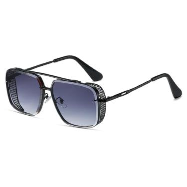 Imagem de Hanj Óculos de sol vintage retrô anos 70 para homens e mulheres, óculos de sol Steampunk da moda armação de aviador quadrada dourada, Armação preta/lente cinza, 64mm