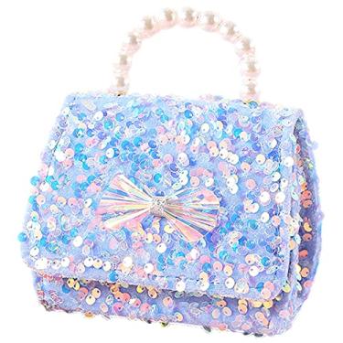 Imagem de Anopo Bolsa infantil com lantejoulas, bolsa transversal com alça superior de pérola, laço com glitter, carteira para meninas, acessórios para crianças, Azul, One Size