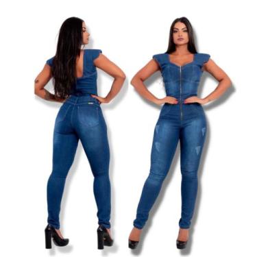 Imagem de Macacão  longo feminino jeans com lycra  tipo skinny  em lavagem escur