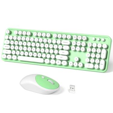 Imagem de Combo de teclado e mouse sem fio, teclado de computador redondo retrô MOWUX para máquina de escrever, mouse sem fio, plug and play, para laptop, PC, computador - verde
