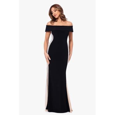 Imagem de Xscape Vestido maxi feminino com ombros de fora com contas colado ao corpo, Preto Nude Prata, 38