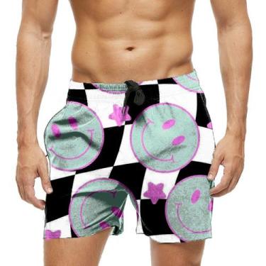 Imagem de Short Praia Shorts Banho Bermuda Verão Xadrez Face Emoji Green 1057 - 