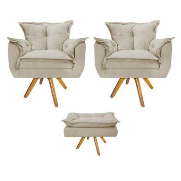 Imagem de Kit 02 Poltronas e Puff Opala Base Giratória de Madeira Suede Bege - D