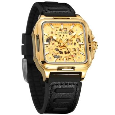 Imagem de FORSINING Relógio de pulso masculino à prova d'água, esqueleto, elegante, automático, steampunk, pulseira de silicone, luminoso, quadrado, luminoso, 1 ouro, Moderno