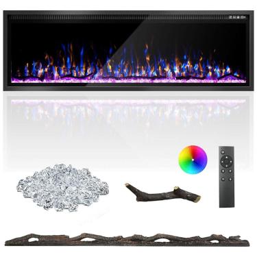 Imagem de Lareira Elétrica de 152 cm, Ultrafina, Embutida ou de Parede, Troncos, Madeira Flutuante ou Cristais, Controle Remoto, Termostato, Kucreiheat