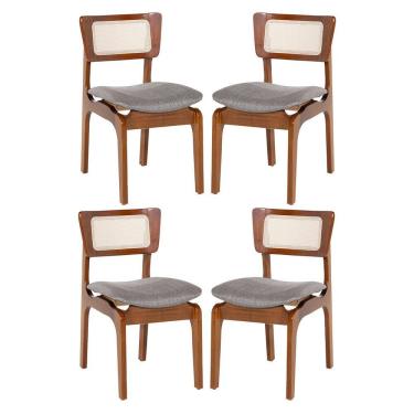 Imagem de Kit 4 Cadeiras de Jantar Portugal em Madeira Imbuia Tela Rattan Linho Cinza L55