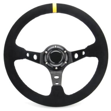 Imagem de Spaorcco Volante De Corrida Yellow Stripe Suede Couro 12,5”320Mm Raios De Alumínio Drifting Deep Dish Volante Esportivo Com Botão De Buzina