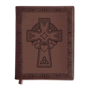 Imagem de Sunny Lark Diário de couro com cruz celta | Diário de couro recarregável para mulheres e homens | Diário de estudo da Bíblia com nós celtas e cruz Claddagh