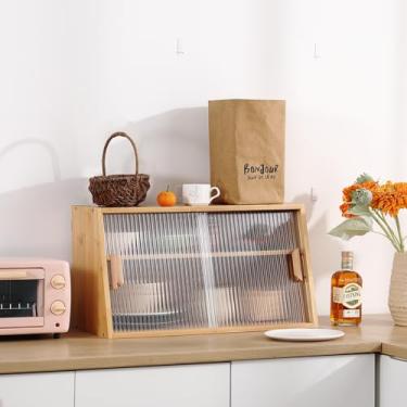 Imagem de Furlide Aparador de cozinha de madeira, organizador de bancada de bambu pequeno, armário de mesa com 2 portas deslizantes de vidro, armário de balcão para cozinha, sala de estar, área de jantar e