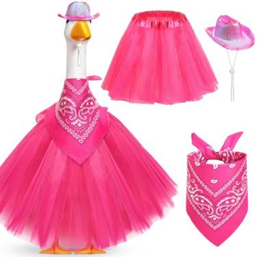 Imagem de Aliceset 3 peças de roupas de ganso de varanda de vaqueira rosa para ganso de cimento 58 cm, chapéu de vaqueira rosa e bandana, saia tutu de renda, fantasia de ganso de plástico para festa de vaqueira