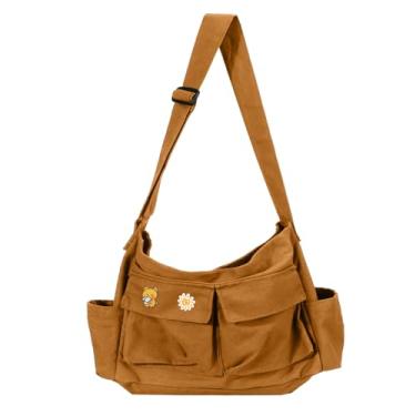 Imagem de Bolsa carteiro transversal de lona vintage com vários bolsos e fecho de , ideal para escola, Marrom, Medium