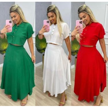 Imagem de Conjunto Feminino Dandara Cropped e Saia Longa Gode Cinto - Fabrica St