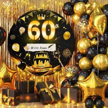 Imagem de Decoração de festa de feliz aniversário de 60 anos para homens, decoração de festa de aniversário de LED em ouro preto, cartolina redonda, 8 m, moldura faça você mesmo, cabine fotográfica para ele, 60