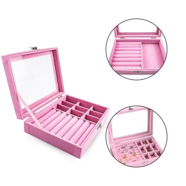Imagem de Porta Joias Maleta Organizadora Camurça Tampa Acrílica Rosa