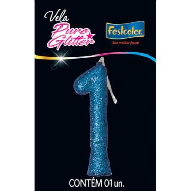 Imagem de Vela Puro Glitter Azul N 1 - Embalagem com 1 unidade.