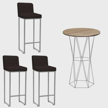 Imagem de Kit Mesa Bistrô Flork e 3 Banqueta Lucca Alta Com Encosto Bar Gourmet Tampo Madeira Ferro Prata Suede Marrom - Ahazzo Móveis