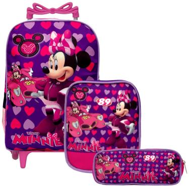 Imagem de Kit Mochila Escolar Feminina Carrinho Minnie com Lancheira