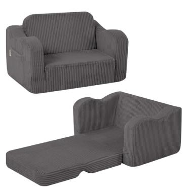Imagem de MeMoreCool Cadeira infantil confortável para crianças de 1 a 3 anos, sofá-cama dobrável de veludo cotelê, cadeira dobrável 2 em 1, sofá-cama infantil, cinza escuro