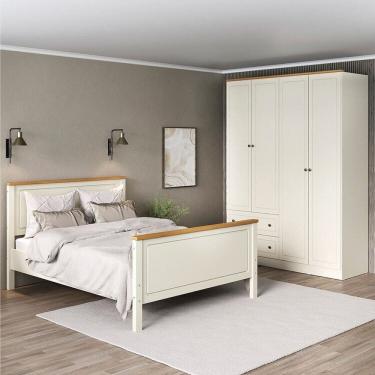 Imagem de Conjunto Cama Casal, Guarda-Roupa 4 Portas Ananda CabeCasa MadeiraMadeira Off White/Mel