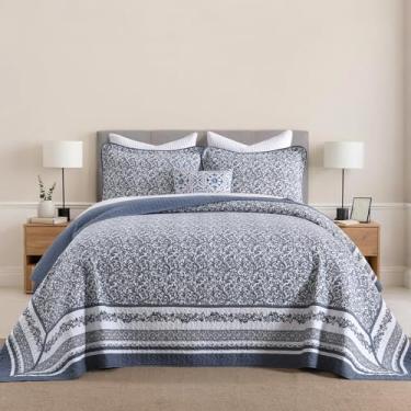 Imagem de CozyStitch Colcha de cama floral 325 x 304 cm California King, 100% algodão, GG, grande, com 2 fronhas, conjunto de colcha acolchoada botânica leve, azul/branco, 3 peças