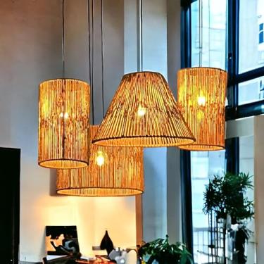 Imagem de Composição De Teto 4 Pendentes Luminaria Fibra Natural Cupula Rústica Palha de Sisal