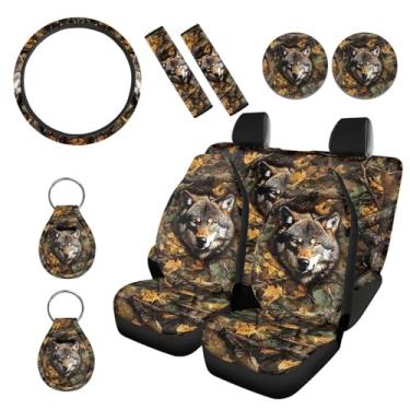Imagem de Wanyint Capa de assento de carro Wolf Camo Hunting Forest Conjunto completo de acessórios de carro 11 peças, com capas de volante antiderrapantes capa de cinto de segurança porta-copos de carro