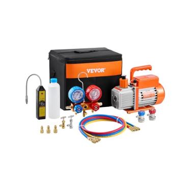 Imagem de VEVOR 4,5 CFM Bomba de vácuo e medidor de ar condicionado de 1 etapa kit de medidor de medidor de refrigeração de ar condicionado com mangueiras para R134a, R12, R502a, R410A, R404, R407C