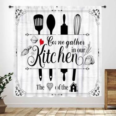 Imagem de Cortinas de cozinha de fazenda, rústica, preta, branca, madeira prancha, faca e colher de madeira, bolso para varão, tratamento de janela para quarto e sala de estar, 106 x 137 cm