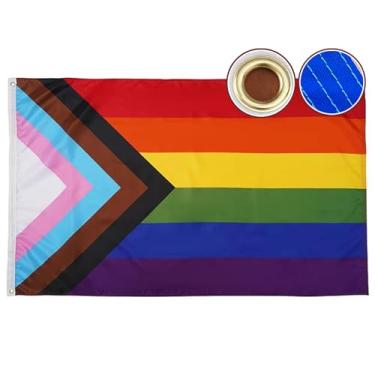Imagem de Flagolden Bandeira do orgulho 0,9 x 1,5 m ao ar livre, cores vivas progresso orgulho arco-íris bandeira gay lésbica transgênero bandeira bissexual bandeira para uso externo resistente