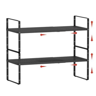 Imagem de jkxoo Pacote com 2 prateleiras expansíveis de bancada de 41,5 a 68 cm C, organizador de metal ajustável para temperos, prateleiras empilháveis de armazenamento de balcão de cozinha para organização de