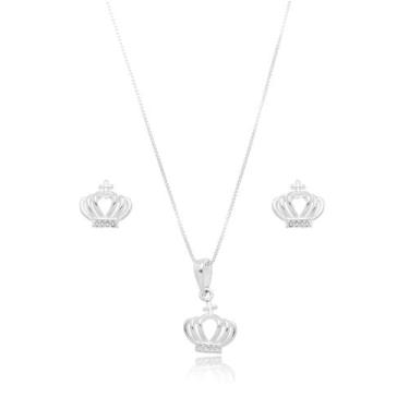 Imagem de Conjunto Colar e Brincos Coroa Prata 925 - Atraktiva Joias, 45cm